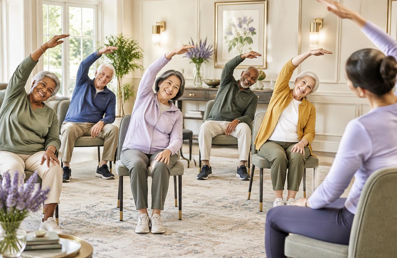 Illustrative scene of older adults participating in gentle seated wellness activities
