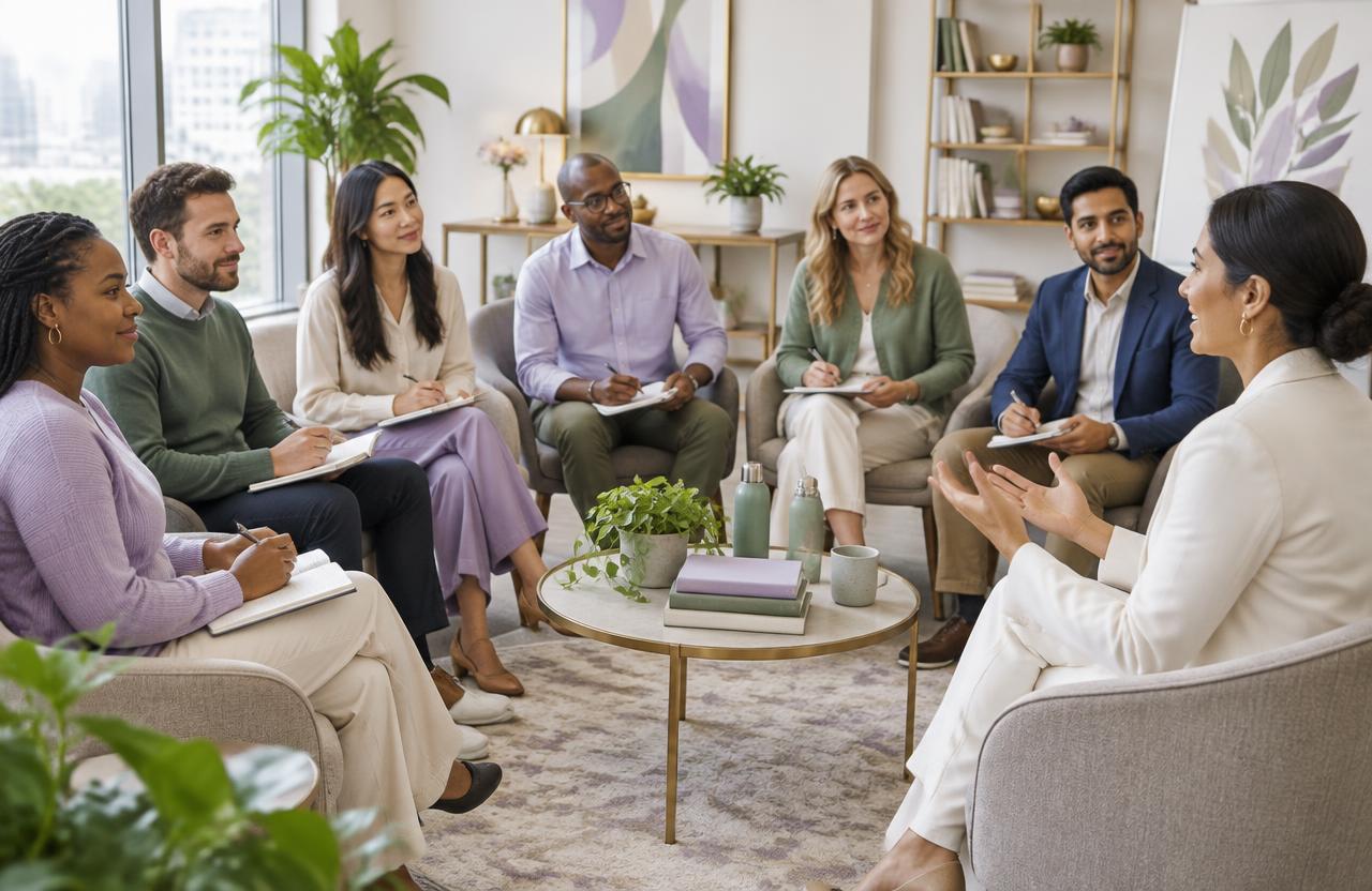 Illustrative scene of a diverse professional team attending a wellness workshop